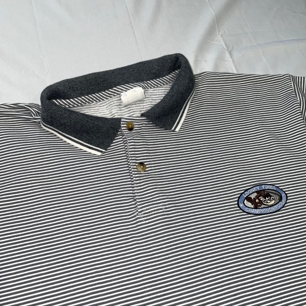 Vintage 1997 Looney Tunes Taz Golf Polo Shirt Mens LG Striped Grey‎ Made in USA